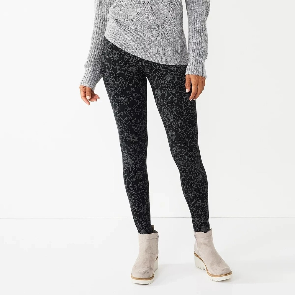 Sonoma Leggings Womens Small Black Floral Mid Rise Non-see-through NWT